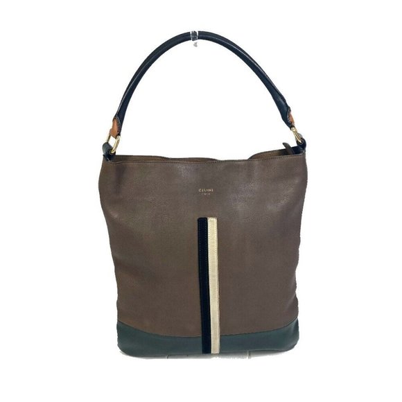 Authentic CELINE bicolor stripes Tote Bag Shoulder Bag Leather Brown - Picture 1 of 16